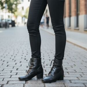 Black Leather Lace Up Ankle Boots with Side Zipper